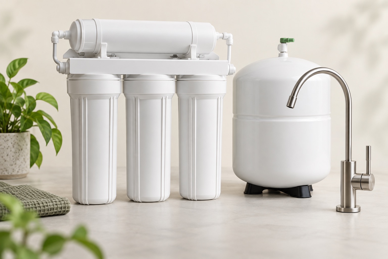 Illustrative arrangement of drinking-water filter housings, a storage tank and a dedicated faucet